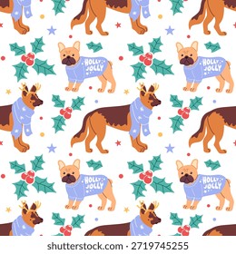 Seamless Dog Pattern in Christmas Sweaters and Scarves, Holly. Shepherd Dog and French Bulldog. playful pose, bold flat colors, clean vector lines, festive lights