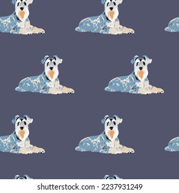 Seamless dog pattern, Christmas texture, birthday present packaging. Square format, textile, fabric, decoration, wrapping paper. Trendy hand-drawn Miniature Schnauzer dog breed flat pastel vector.