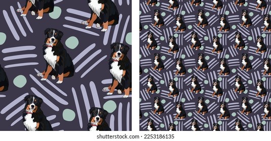 Nahtlose Hundemuster, Weihnachtsstruktur, Geburtstagsgeschenkverpackung. Viereckiges Format, Dekoration, Wickelpapier. Trendy handgezeichnet Berner Hund züchten flache Pastellvektor. Berner Sennenhund.