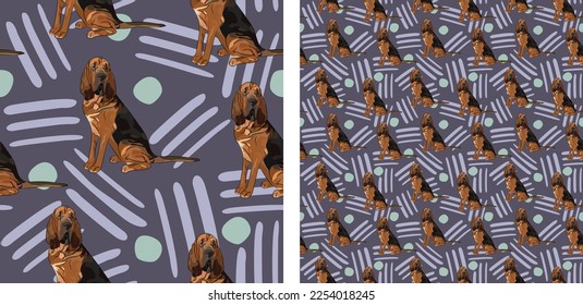 Seamless dog pattern, Christmas texture, birthday present packaging. Square format, decoration, wrapping paper. Trendy hand-drawn Bloodhound dog breed flat pastel. Bloodhound with hand-drawn elements.