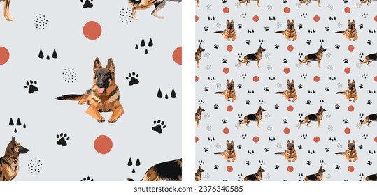 Seamless dog pattern, cute german shepherd. Square format texture, t-shirt, poster, packaging, textile, socks, textile, fabric, decoration, wrapping paper. Trendy hand-drawn dogs.Gift box wallpaper