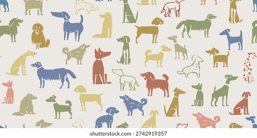 Seamless Dog Pattern, Cute Hand Drawn Pets Background, Colorful Puppy Silhouettes