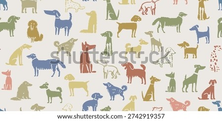 Seamless Dog Pattern, Cute Hand Drawn Pets Background, Colorful Puppy Silhouettes
