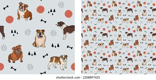 Seamless dog pattern, cute. Square format texture, t-shirt, poster, packaging, textile, socks, textile, fabric, decoration, wrapping paper. Trendy hand-drawn English bulldog dogs. Gift box pattern.