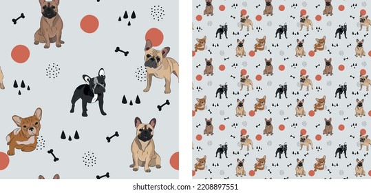 Seamless dog pattern, cute. Square format texture, t-shirt, poster, packaging, textile, socks, textile, fabric, decoration, wrapping paper. Trendy hand-drawn French bulldog dogs. Gift box pattern.