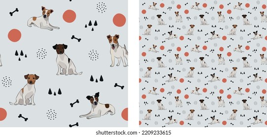 Seamless dog pattern, cute. Square format texture, t-shirt, poster, packaging, textile, socks, textile, fabric, decoration, wrapping paper. Trendy hand-drawn Jack Russell dogs. Gift box pattern.