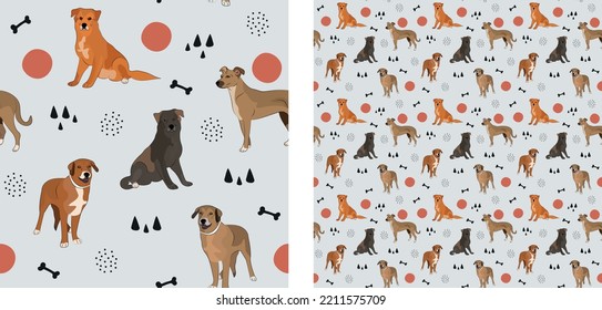 Seamless dog pattern, cute. Square format texture, t-shirt, poster, packaging, textile, socks, textile, fabric, decoration, wrapping paper. Trendy hand-drawn Mutt dogs, mixed breed mongrel. Gift box