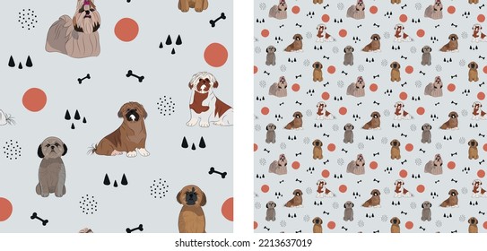 Seamless dog pattern, cute. Square format texture, t-shirt, poster, packaging, textile, socks, textile, fabric, decoration, wrapping paper. Trendy hand-drawn Shih Tzu dogs breed. Gift box.