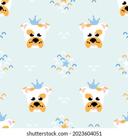 Seamless dog pattern with decor elements. Muzzle of pet with crown. Vector kids background. Nursery baby concept. Template for children linens, fabric texture print, wallpaper, wrappung paper