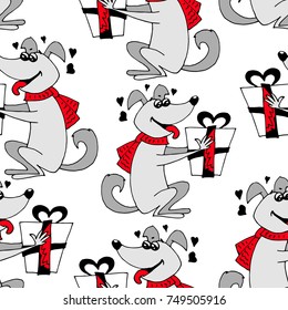 Seamless dog pattern. Decorative element for your designs. Colored vector illustration on white background. Christmas time concept, wrapping paper, print, poster.