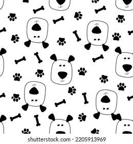 Seamless dog pattern with funny doodle hand drawn dog, bones and paw.Doodle vector illustration. Pattern for kids print, fabric, postcards