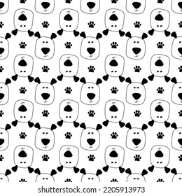 Seamless dog pattern with funny doodle hand drawn dog and paw .Doodle vector illustration. Pattern for kids print, fabric, postcards