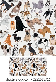 Seamless dog pattern, holiday texture. Bulldog, poodle,husky,chow.Silhouettes, packaging, textile, textile, fabric, decoration, wrapping paper. Trendy hand-drawn different breeds wallpaper. Many dogs.
