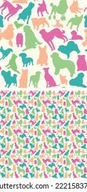 Seamless dog pattern, holiday texture. Bulldog, poodle,husky,chow.Silhouettes, packaging, textile, textile, fabric, decoration, wrapping paper. Trendy hand-drawn different breeds wallpaper. Many dogs.