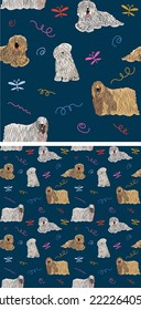 Seamless dog pattern, holiday texture. Navy dark background, colorful abstract elements. Packaging, textile, textile, fabric, decoration, wrapping paper. Trendy hand-drawn Komondor breed wallpaper.
