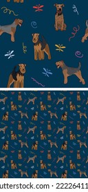 Seamless dog pattern, holiday texture. Navy dark background, colorful abstract elements. Packaging, textile, textile, fabric, decoration, wrapping paper. Hand-drawn Welsh Terrier breed wallpaper.