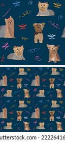 Seamless dog pattern, holiday texture. Navy dark background, colorful abstract elements. Packaging, textile, textile, fabric, decoration, wrapping paper. Hand-drawn Yorkie breed wallpaper.