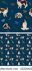 Seamless dog pattern, holiday texture. Navy dark background, colorful abstract elements. Packaging, textile, textile, fabric, decoration, wrapping paper. Trendy hand-drawn St Bernard breed wallpaper.