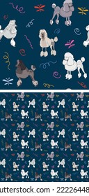 Seamless dog pattern, holiday texture. Navy dark background, colorful abstract elements. Packaging, textile, textile, fabric, decoration, wrapping paper. Trendy hand-drawn Poodle breed wallpaper.