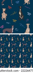 Seamless dog pattern, holiday texture. Navy dark background, colorful abstract elements. Packaging, textile, textile, fabric, decoration, wrapping paper. Trendy hand-drawn Greyhound breed wallpaper.