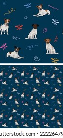 Seamless dog pattern, holiday texture. Navy dark background, colorful abstract elements. Packaging, textile, textile, fabric, decoration, wrapping paper. Trendy hand-drawn Jack Russell breed wallpaper
