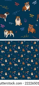 Seamless dog pattern, holiday texture. Navy dark background, colorful abstract elements. Packaging, textile, textile, fabric, decoration, wrapping paper. Hand-drawn English Bulldog breed wallpaper.