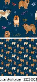 Seamless dog pattern, holiday texture. Navy dark background, colorful abstract elements. Packaging, textile, textile, fabric, decoration, wrapping paper. Trendy hand-drawn chow chow breed wallpaper.