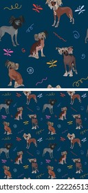 Seamless dog pattern, holiday texture. Navy dark background, colorful abstract elements. Packaging, textile, textile, fabric, decoration, wrapping paper. Hand-drawn Chinese Crested breed wallpaper.