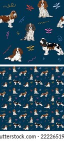 Seamless dog pattern, holiday texture. Navy dark background, colorful abstract elements. Packaging, textile, textile, fabric, decoration, wrapping paper. Trendy hand-drawn Cavalier breed wallpaper.