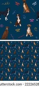 Seamless dog pattern, holiday texture. Navy dark background, colorful abstract elements. Packaging, textile, textile, fabric, decoration, wrapping paper. Рand-drawn boxer mastiff breed wallpaper.