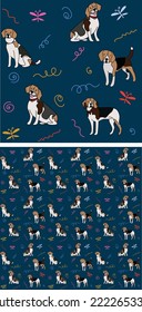 Seamless dog pattern, holiday texture. Navy dark background, colorful abstract elements. Packaging, textile, textile, fabric, decoration, wrapping paper. Trendy hand-drawn Beagle breed wallpaper.