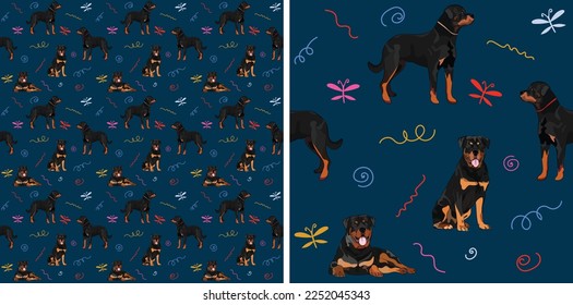 Seamless dog pattern, holiday texture. Navy dark background, colorful abstract elements. Packaging, textile, textile, fabric, decoration, wrapping paper. Trendy hand-drawn Rottweiler breed wallpaper.