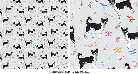 Seamless dog pattern, holiday texture. light background, colorful abstract elements. Packaging, textile, textile, fabric, decoration, wrapping paper. Hand-drawn Canaan dog breed wallpaper. Funny set.