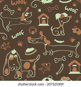 Seamless dog pattern on brown background in vector 