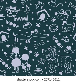 Seamless dog pattern on dark grey background in vector 