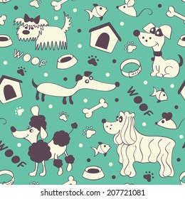 Seamless dog pattern on green background in vector 