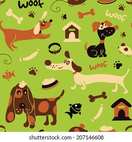 Seamless dog pattern on light green background in vector 