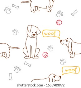 Seamless dog pattern with dog paw prints, bones and lettering. Perfect for kids apparel, fabric, textile, nursery decoration,wrapping paper. Also can be used for wrapping paper, scrapbook paper etc.