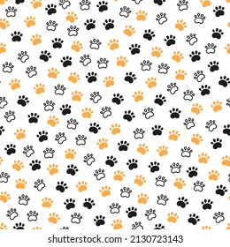 Seamless dog pattern with paw prints. Cat foots texture. Pattern with doggy pawprints. Dog texture. Hand drawn vector illustration in doodle style on white background.