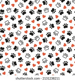 Seamless dog pattern with paw prints and red hearts. Cat foot texture. Pattern with doggy pawprint and hearts. Dog texture. Hand drawn vector illustration in doodle style on white background.