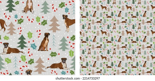Seamless dog pattern, winter Christmas texture. Square format, t-shirt, poster, packaging, textile, socks, textile, fabric, decoration, wrapping paper. Trendy hand-drawn boxer dogs, winter breed