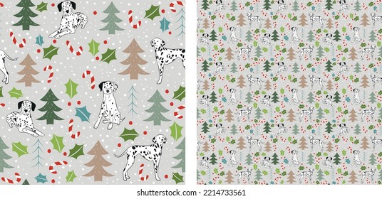 Seamless dog pattern, winter Christmas texture. Square format, t-shirt, poster, packaging, textile, socks, textile, fabric, decoration, wrapping paper. Trendy hand-drawn dalmatian dogs, winter breed.