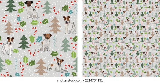 Seamless dog pattern, winter Christmas texture. Square format, t-shirt, poster, packaging, textile, socks, textile, fabric, decoration, wrapping paper. Trendy hand-drawn jack russell dogs, breed