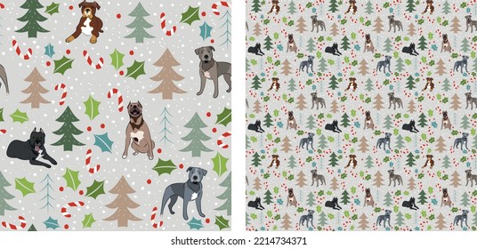 Seamless dog pattern, winter Christmas texture. Square format, t-shirt, poster, packaging, textile, socks, textile, fabric, decoration, wrapping paper. Trendy hand-drawn husky dogs, pit bull breed.