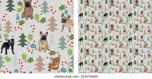 Seamless dog pattern, winter Christmas texture. Square format, t-shirt, poster, packaging, textile, socks, textile, fabric, decoration, wrapping paper. Trendy hand-drawn french bulldog dog breed.