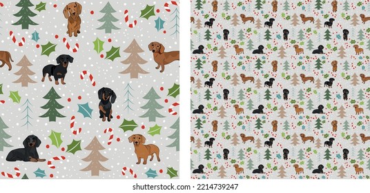 Patrón de perro sin foco, textura navideña de invierno. Formato cuadrado, camiseta, afiche, embalaje, textiles, medias, textiles, tela, decoración, papel de embalaje. Raza de perro dachshund dibujada a mano de moda.