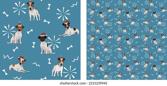 Seamless dog pattern, winter Christmas texture. Square format, t-shirt, poster, packaging, textile, socks, textile, fabric, decoration, wrapping paper. Trendy hand-drawn jack russell dogs, breed