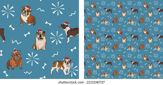 Seamless dog pattern, winter Christmas texture. Square format, t-shirt, poster, packaging, textile, socks, textile, fabric, decoration, wrapping paper. Trendy hand-drawn English bulldog dog breed.