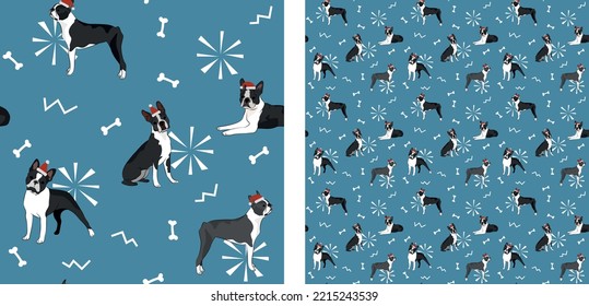 Seamless dog pattern, winter Christmas texture. Square format, t-shirt, poster, packaging, textile, socks, textile, fabric, decoration, wrapping paper. Trendy hand-drawn boston terrier dogs