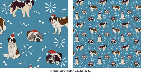Seamless dog pattern, winter Christmas texture. Square format, t-shirt, poster, packaging, textile, socks, textile, fabric, decoration, wrapping paper. Trendy hand-drawn st bernard dogs, bernard